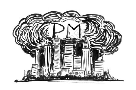 城市高升起建筑和烟雾的黑刷墨水艺术粗手绘画有毒和致命微粒物质或PM空气污染的环境概念由Smog和PM或Particulate物质图片