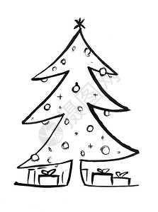 黑色画笔和墨水艺术粗糙的手画着装饰圣诞树和包装的礼品盒周围黑色墨水画着装饰的圣诞树和礼品盒图片