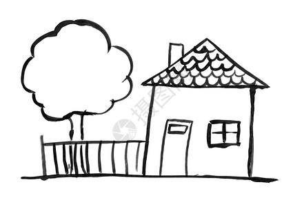 黑色画笔和墨水手绘画小家庭房屋和树木花园栅栏图片