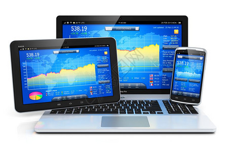 证券交易所市场银行和金融商业会计概念现代金属笔记本平板电脑和触摸屏智能手机股票市场应用软件以白色背景隔离产生反射效果图片