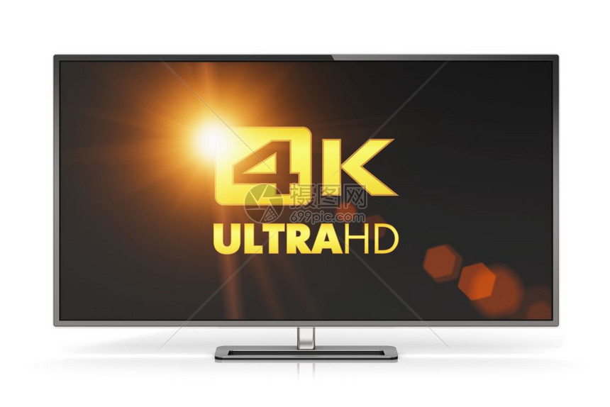 数字电视屏幕技术概念4KUltraHD电视或计算机PC显示器在白色背景上单独显示产生反射效果图片