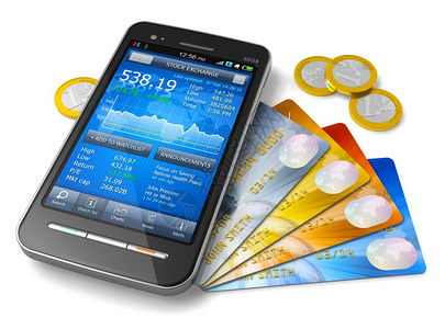 移动银行和金融概念具有证券交易所市场应用的智能手机彩色信用卡和白背景孤立的金欧元硬币组合背景图片