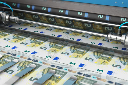 商业成功金融银行会计和创造货币概念印刷机5欧元纸钞图片