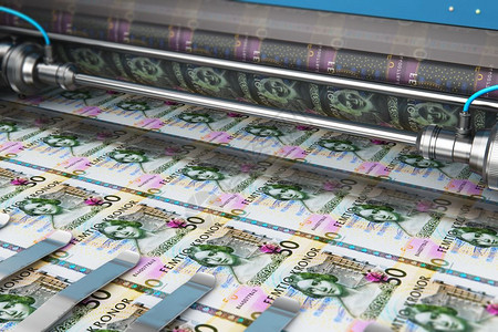 商业成功金融银行会计和货币创造概念印刷机品50瑞典克朗货币纸钞背景图片