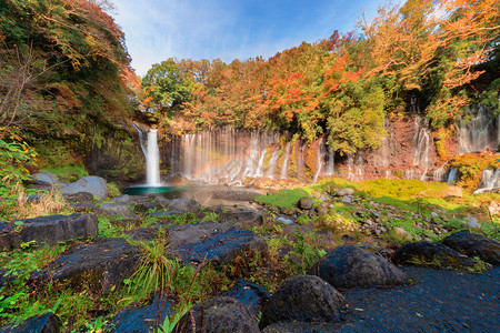 瀑布秋天在矢岛藤川口子附近落叶图片