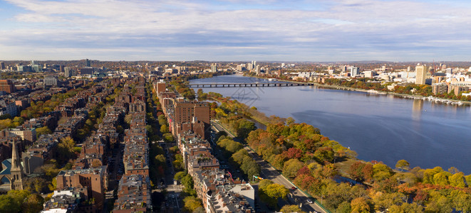 在波士顿公区以南的空中视野下向查尔斯河交接图片