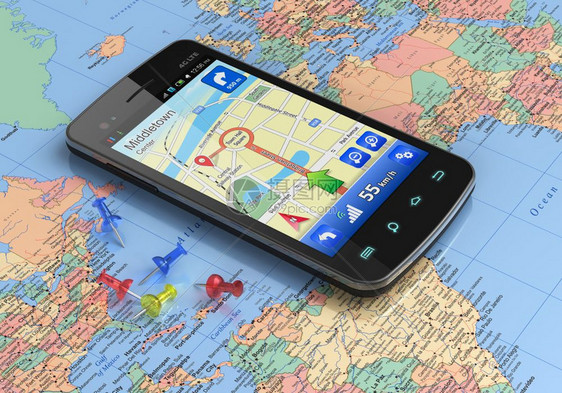 在世界上导航全球定位系统的触摸屏智能手机图片