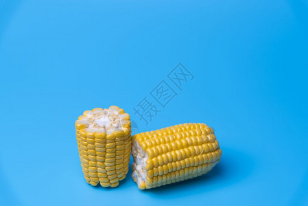 蓝色背景的新鲜有机玉米图片