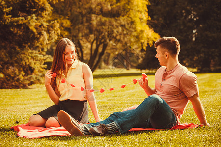 浪漫情侣在公园里野餐浪漫情侣在公园里共度时光图片