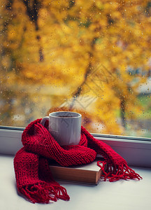秋天的生命温暖围巾和茶杯靠近窗户图片
