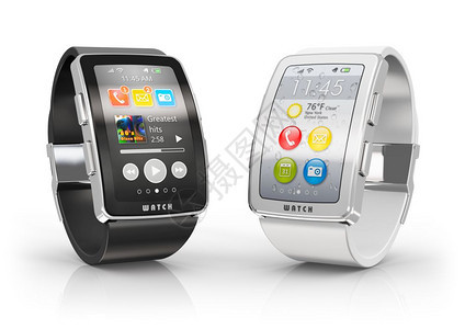 创意商业流动和现代移式可穿戴设备技术概念两个颜色数字智能手表或时钟在白色背景上隔离带有反射效果的多彩屏幕界面图片