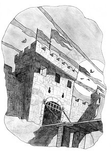 黑白铅笔绘画制可怕的中世纪或幻想的城堡塔和月光中的大门图片