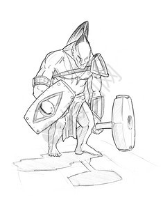 黑色和白铅笔绘画幻想中的本地野蛮战士手持大锤或和盾牌图片