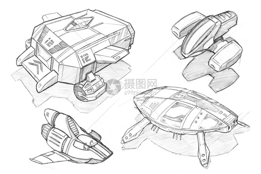 黑铅笔和白概念黑白笔以及一系列未来或宇宙飞船航天器的图画远未来或非宇宙飞船的图画或航天器非宇宙飞船的或图片
