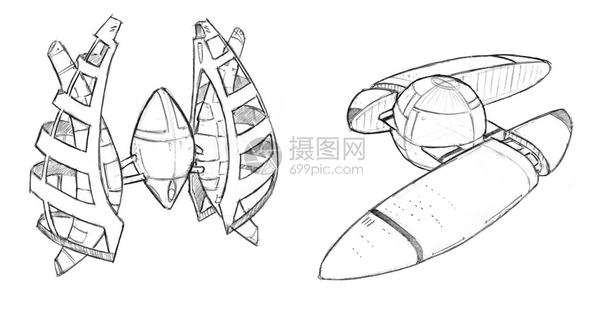 黑铅笔和白概念一组由两个未来空间站或组成的两套未来空间站或科学非空间站或组成的艺术绘画图片