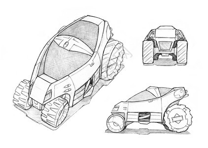 黑色和白铅笔概念画小型未来或Scifi汽车离路虫设计图画三个角度前方侧面和视角笔概念画小型未来离路汽车设计图片