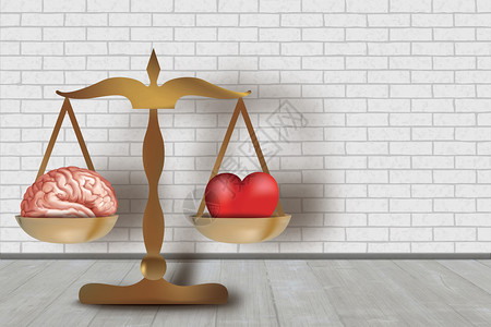 3D心脏和大脑概念平衡白砖墙背景图片