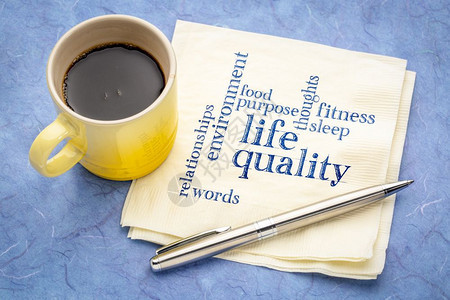 生活质量概念餐巾纸上加咖啡杯的笔迹背景图片