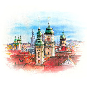 布拉格旧城水彩画图带有教堂的圆顶捷克波德塔老城大厅的钟捷克布拉格水彩图图片