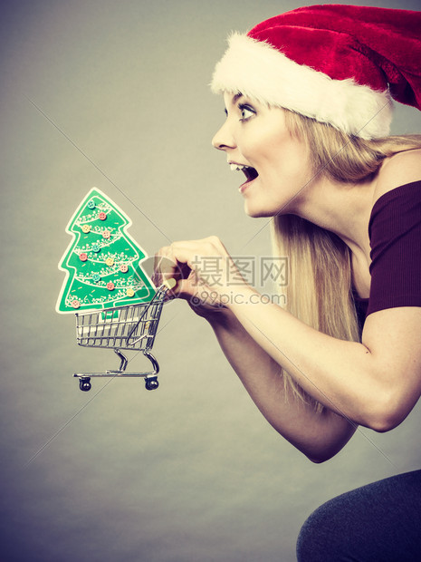 戴圣诞老人帮手帽子的快乐妇女拿着小面包车图片
