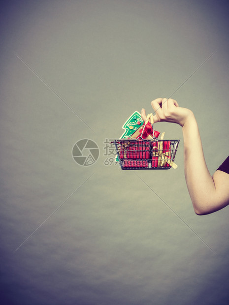 圣诞节季节销售冬庆祝活动概念妇女手拿着购物车篮子里面有小圣诞树和礼物图片