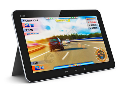 汽车宣传背景具有创意的抽象计算机游戏和PC娱乐技术概念现代黑色光滑触摸屏平板白色背景上孤立的电玩游戏背景