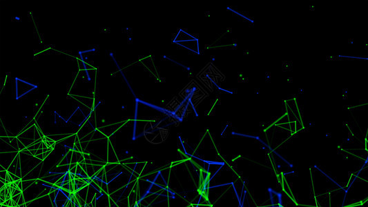 蓝和绿色数字据网络连接的蓝绿色数字据网络连接三角线和未来技术概念中的黑背景领域3个抽象插图图片