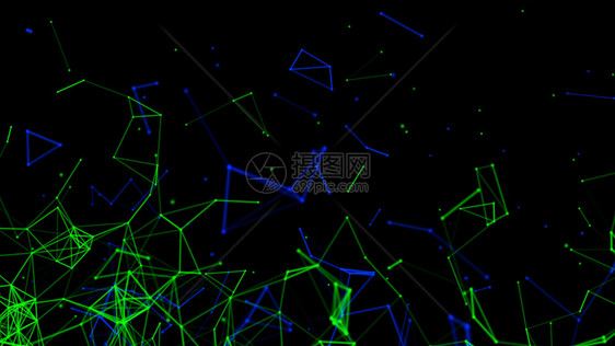 蓝和绿色数字据网络连接的蓝绿色数字据网络连接三角线和未来技术概念中的黑背景领域3个抽象插图图片