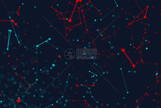 蓝色和红数字据网络连接的蓝色和红数字据网络连接三角线和未来技术概念中的黑背景领域3个抽象插图图片