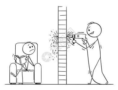 卡通棍子绘制人类利用电钻在墙上洞但进入另一处公寓的概念插图图片