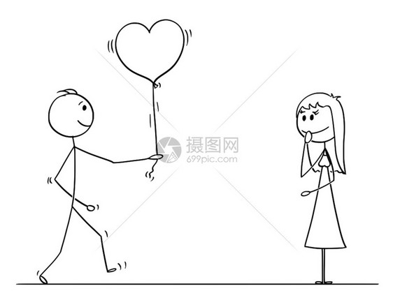 卡通向女士求婚的火柴人矢量插图图片