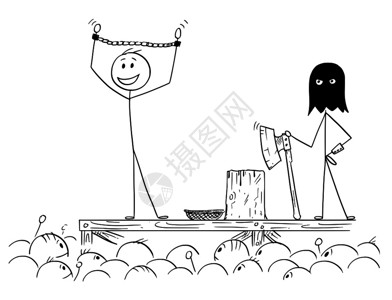 绘画从水中间分开的浪花从断头台上逃脱的火柴人卡通矢量插图插画