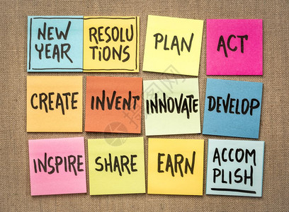 新年关于粘贴笔记的决议计划行动创造发明新展激励分享赚钱背景图片