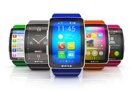创意商业流动和现代移式可穿戴装置技术概念收集彩色数字智能手表或时钟在白色背景和反射效果上隔离的多彩屏幕界面图片