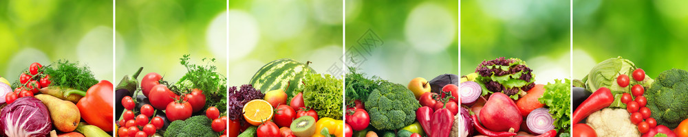 水果和蔬菜在绿色天然模糊背景上分割垂直线图片