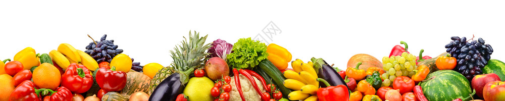 将新鲜水果和蔬菜广泛拼贴在一起用于白色背景上孤立的布局图片
