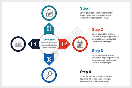 包含四个元素的圆形信息图模板可用作进程图步骤选项矢量eps10插图图片