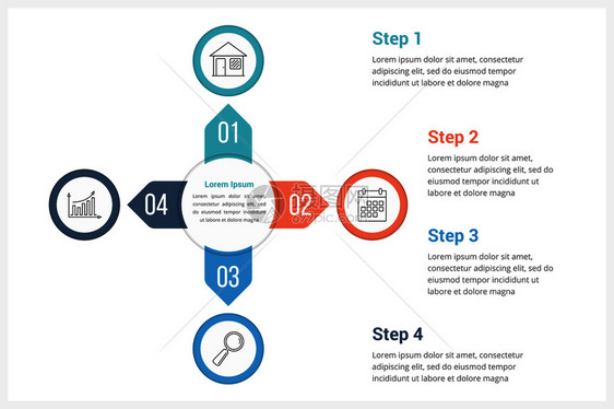 包含四个元素的圆形信息图模板可用作进程图步骤选项矢量eps10插图图片