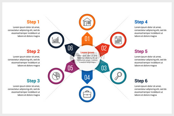 包含六个元素的圆形信息图模板可用作进程图步骤选项矢量eps10插图图片