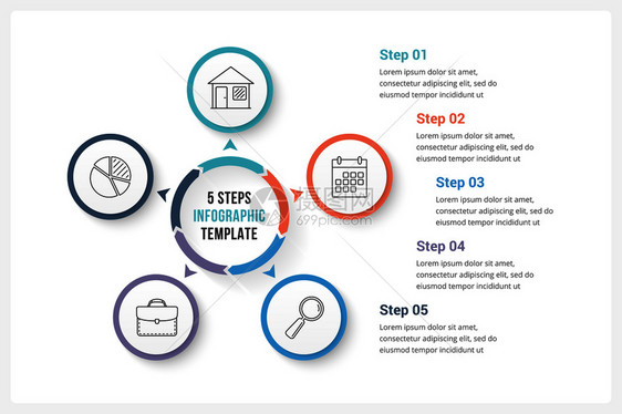 包含五个元素的圆形信息图模板可用作进程图步骤选项矢量eps10插图图片
