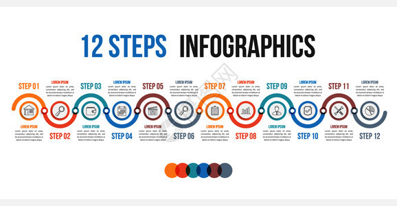 包含12个步骤或选项工作流程图矢量eps10插图的表模板图片