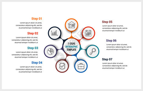 包含七个元素的圆形信息图模板可用作进程图步骤选项矢量eps10插图图片