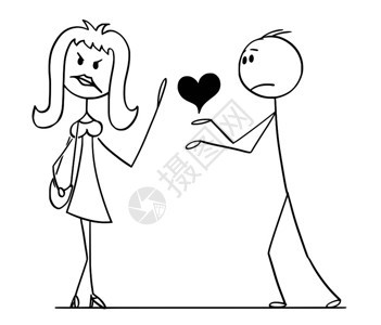 卡通插图从概念上说明妇女拒绝将心脏作为男人爱的象征和比喻图片