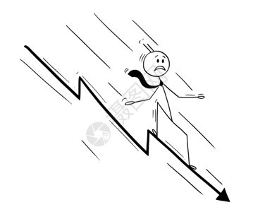 卡通棍子在概念上描绘商人骑着图表箭向下降的情况商业对危机或失败的比喻商人骑着坠落或下降的图表箭卡通图片