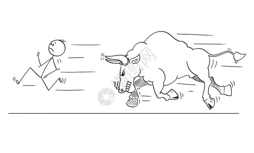 卡通插图从概念上说明人或商逃离愤怒的公牛有可能是市场价格不断上涨的象征物图片