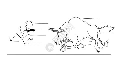 卡通棍在概念上展示了商人逃离愤怒的公牛作为不断上涨的市场价格象征概念图片
