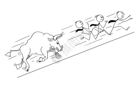 卡通棍子在概念上描绘一群商人从愤怒的公牛向上攀升市场价格象征物的愤怒公牛向上攀升图片