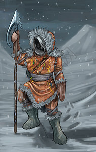 概念艺术数字绘画或用长矛鱼叉披着毛衣的幻想战士猎人图画图片