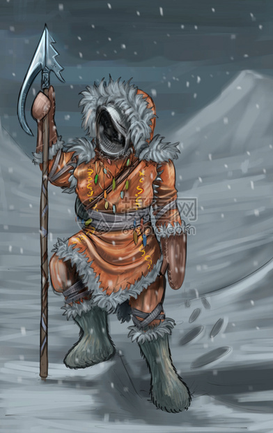 概念艺术数字绘画或用长矛鱼叉披着毛衣的幻想战士猎人图画图片