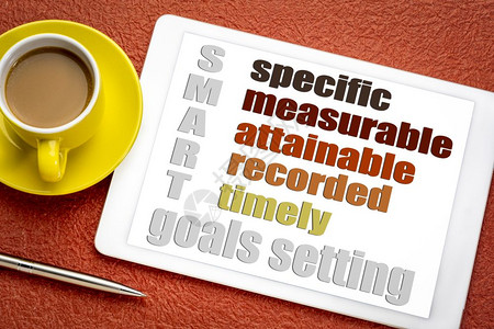SMART具体可计量实现记录及时目标设定概念在带有一杯咖啡的数码片板上设定目标图片